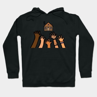 People hand out reaching home ownership. Housing problems in society concept. Hoodie